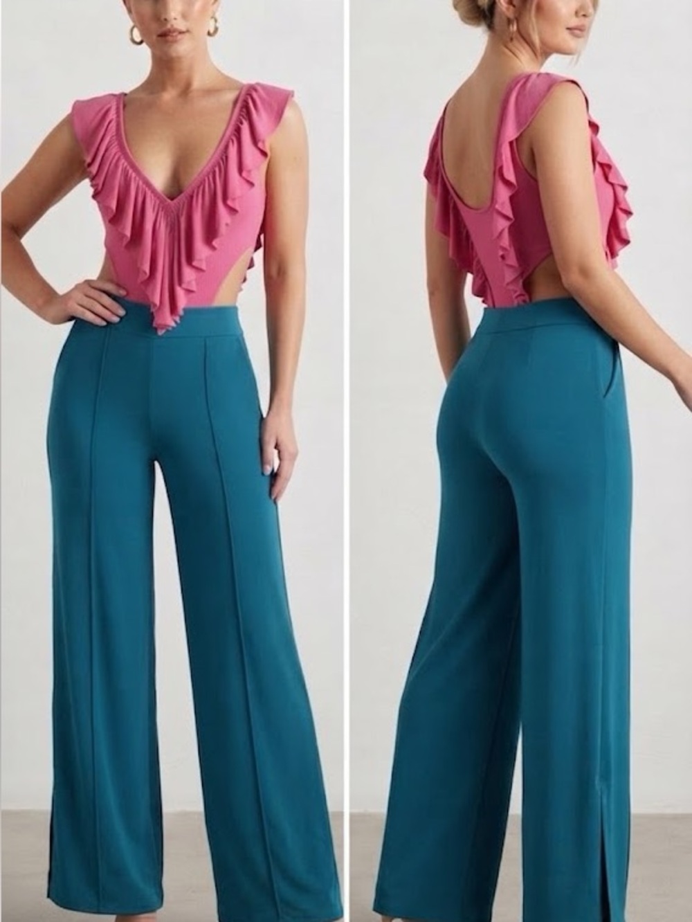 Sympli Teal Blue Wide Leg Pants Front Slit Dressy Casual Palazzo Pants Size 8